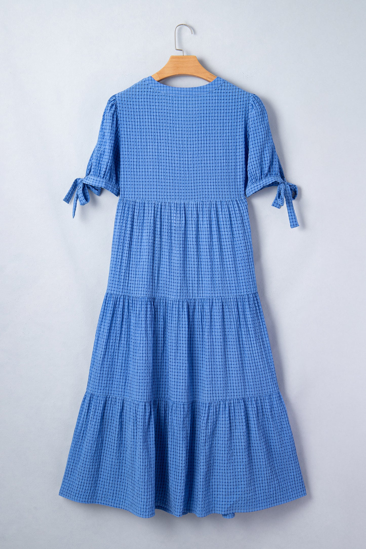 Dusk Blue Gingham Textured Bow Tie Short Sleeve Tiered Midi Dress