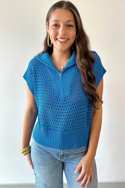 Sky Blue Solid Color Hollowed Knit Short Sleeve Zipper Collar Knitwear Top