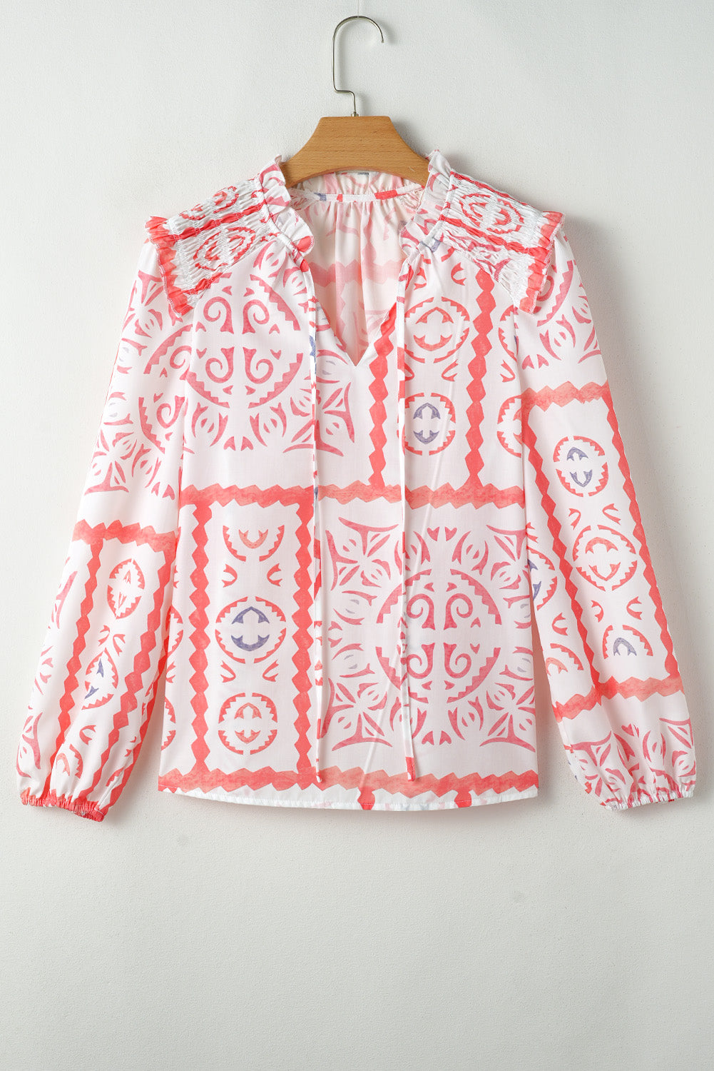 Chemisier à manches bouffantes et col poète smocké imprimé vintage fleur du désert