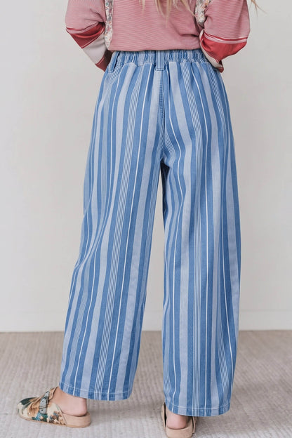 Sky Blue Stripe High Waist Wide Leg Lace Up Barrel Jeans