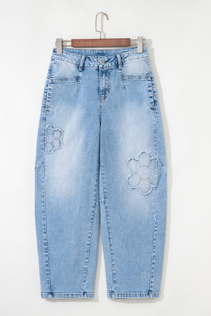 Beau Blue Flower Patched Light Wash Cropped High Waist Barrel Jeans