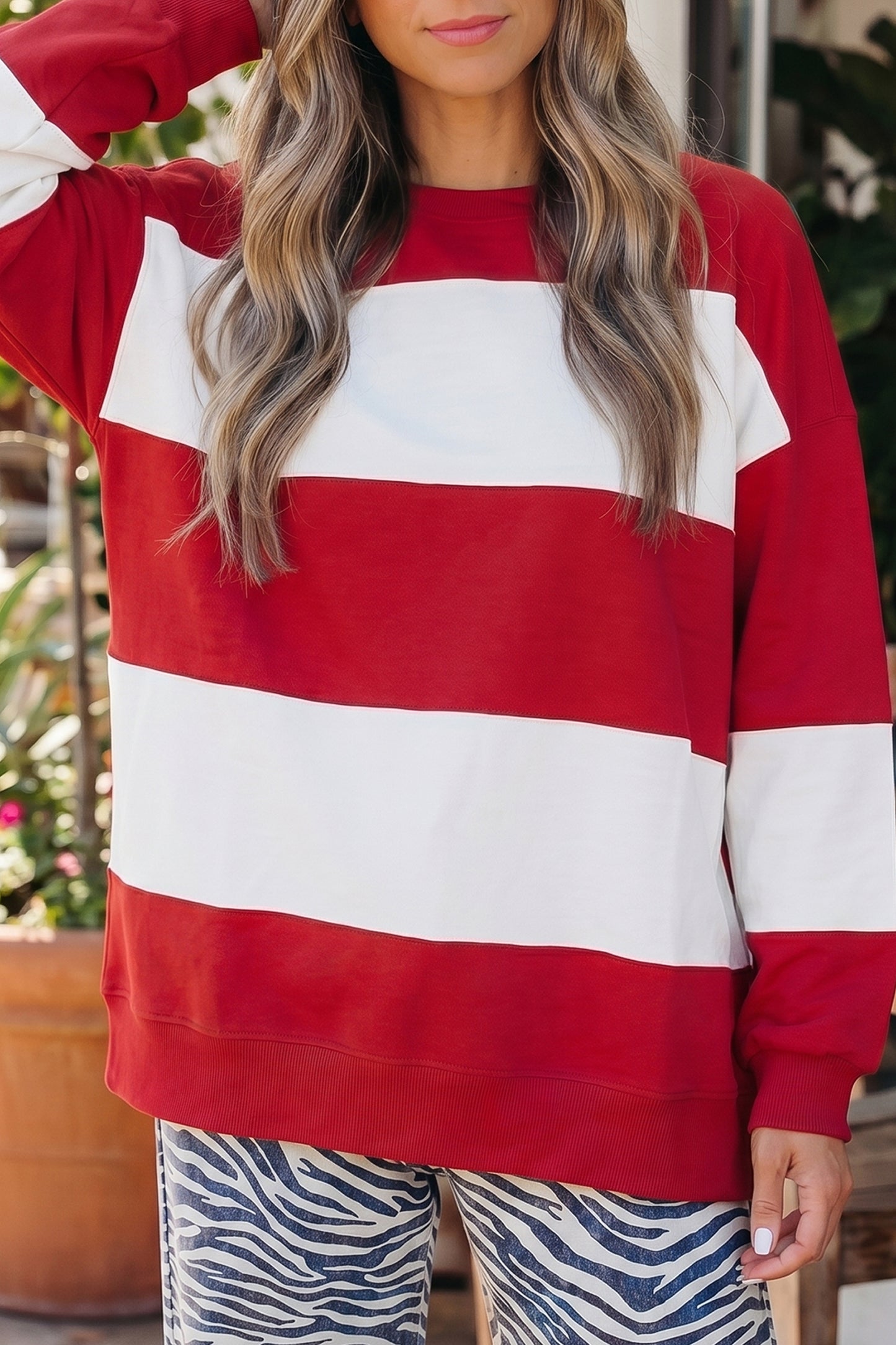 Fiery Red Colorblock Drop Shoulder Baggy Sweatshirt