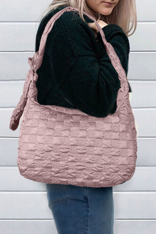 Pink Checkered Bubble Textured Zipped Large Tote Bag