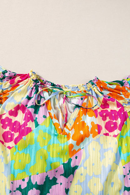 Chemisier froissé à col en V et manches flottantes à imprimé léopard multicolore