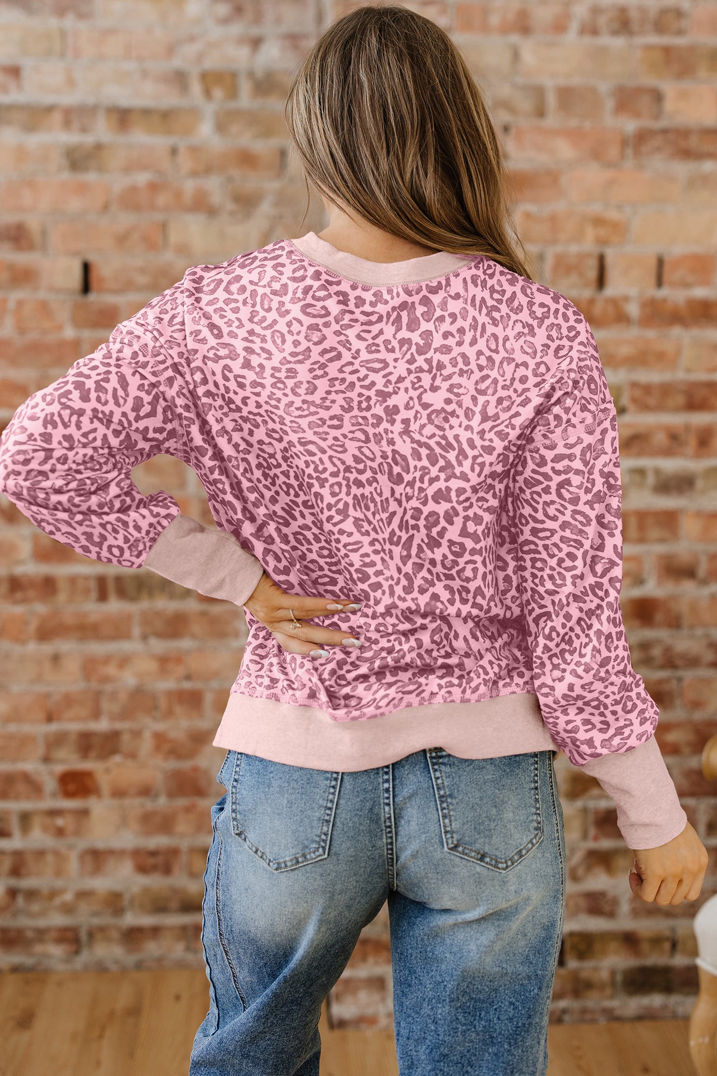 Brown Leopard Print Patchwork Crew Neck Sweatshirt