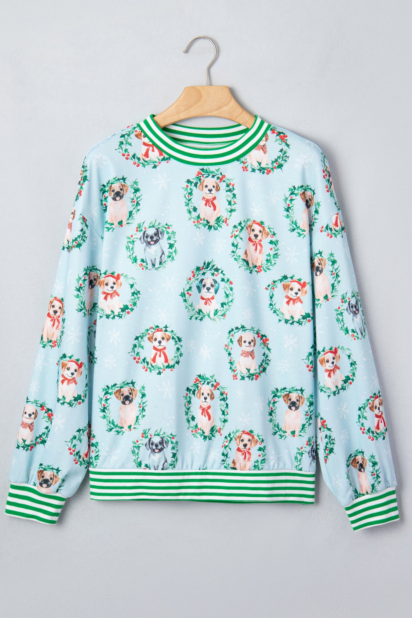 Sky Blue Abstract Dog Print Ribbed Cuff Round Neck Long Sleeve Sweatshirt