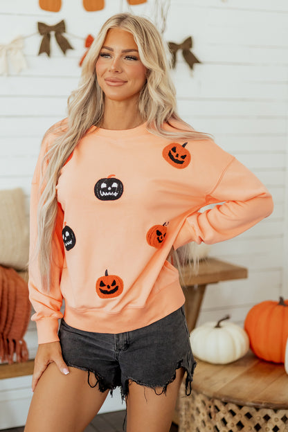 Orange Embroidered Pumpkin Face Drop Shoulder Sweatshirt