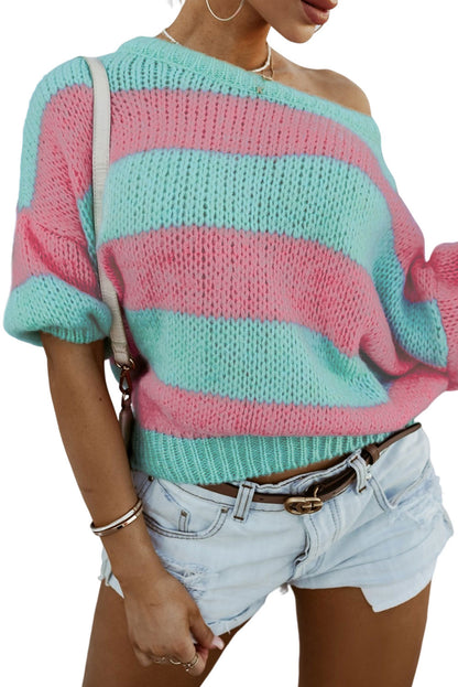 Pull ample à rayures contrastées vertes et épaules tombantes 