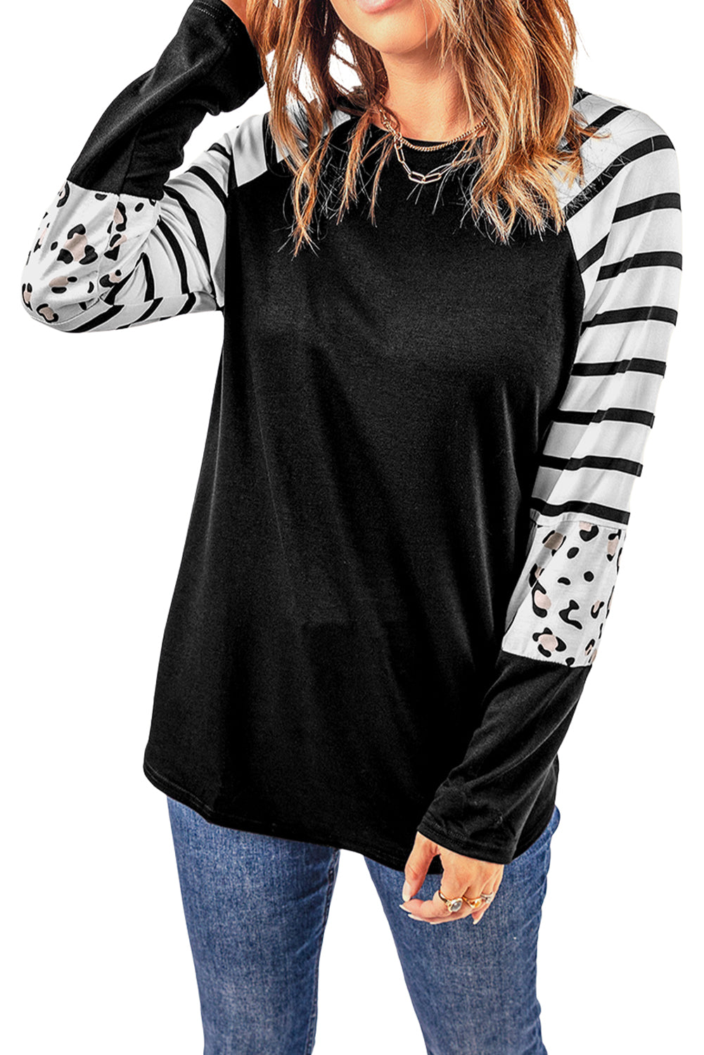 Black Striped Animal Print Colorblock Long Sleeve Top