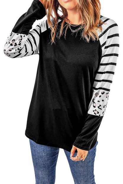 Black Striped Animal Print Colorblock Long Sleeve Top