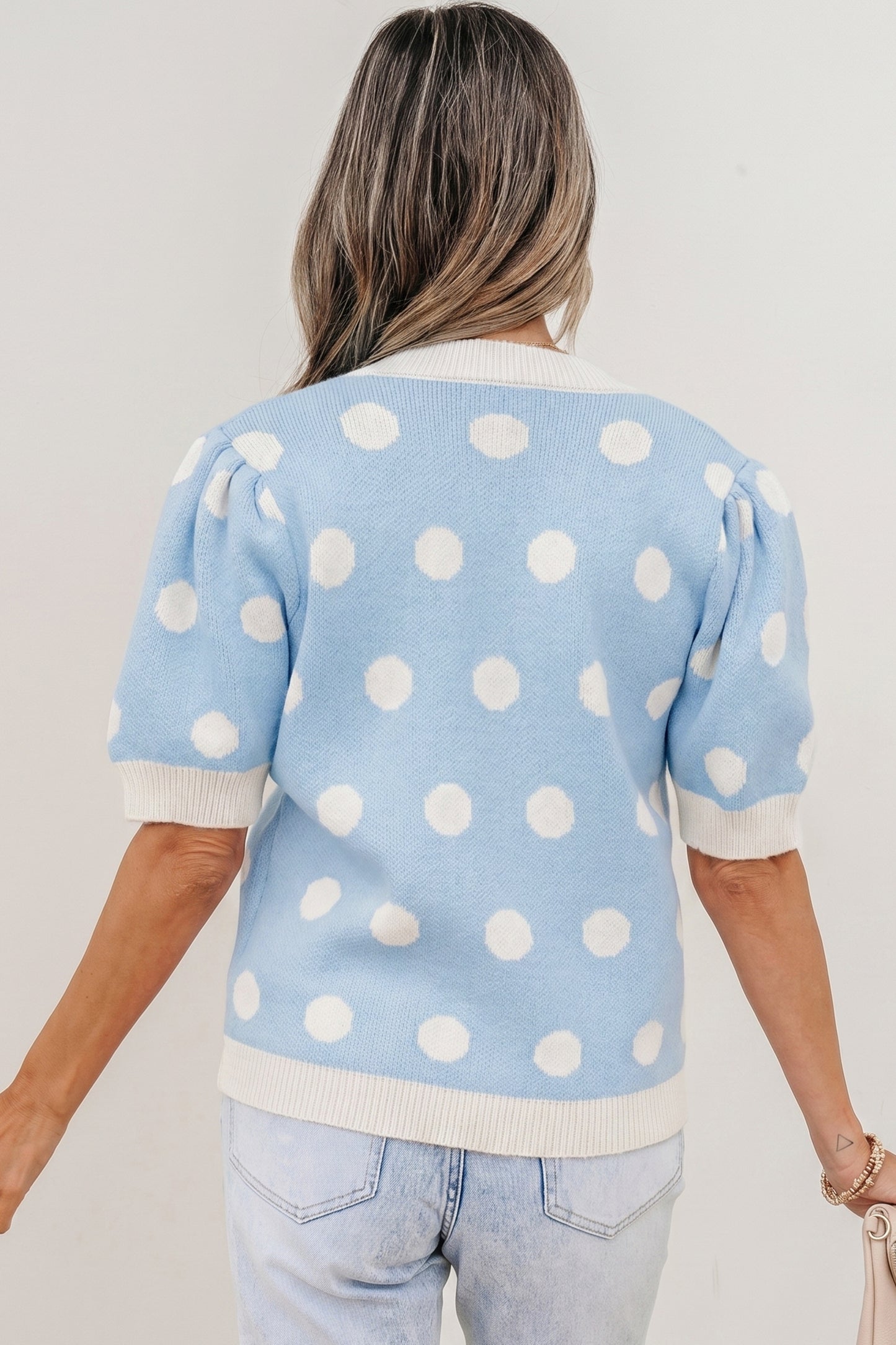 Light Blue Polka Dot Puff Short Sleeve Sweater Top