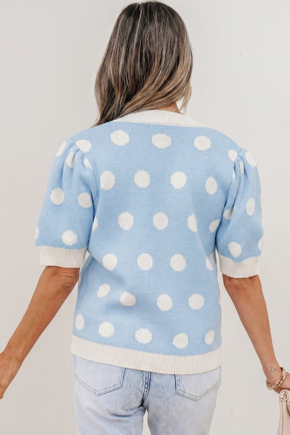 Light Blue Polka Dot Puff Short Sleeve Sweater Top