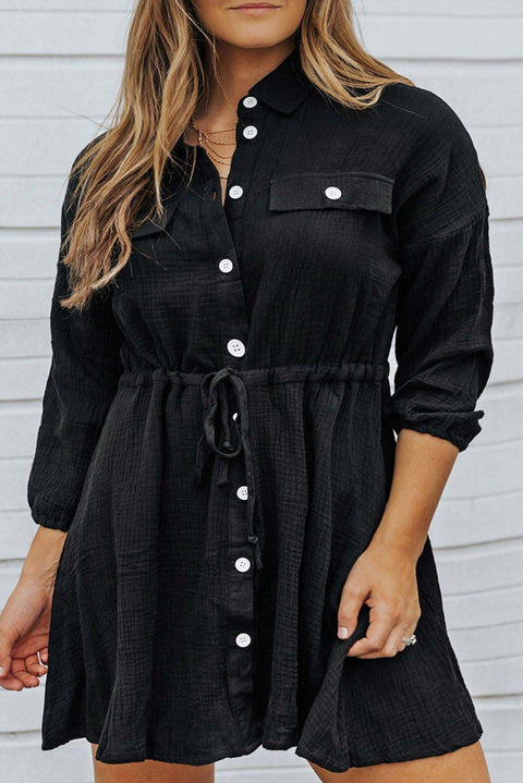 Vestido camisero negro con botones y cordón texturizado de talla grande 
