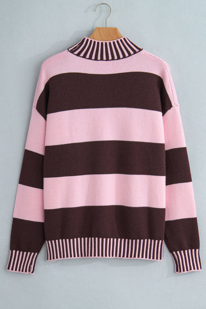 Pink Stripe Contrast High Neck Dropped Shoulder Relaxed Pullover Sweater