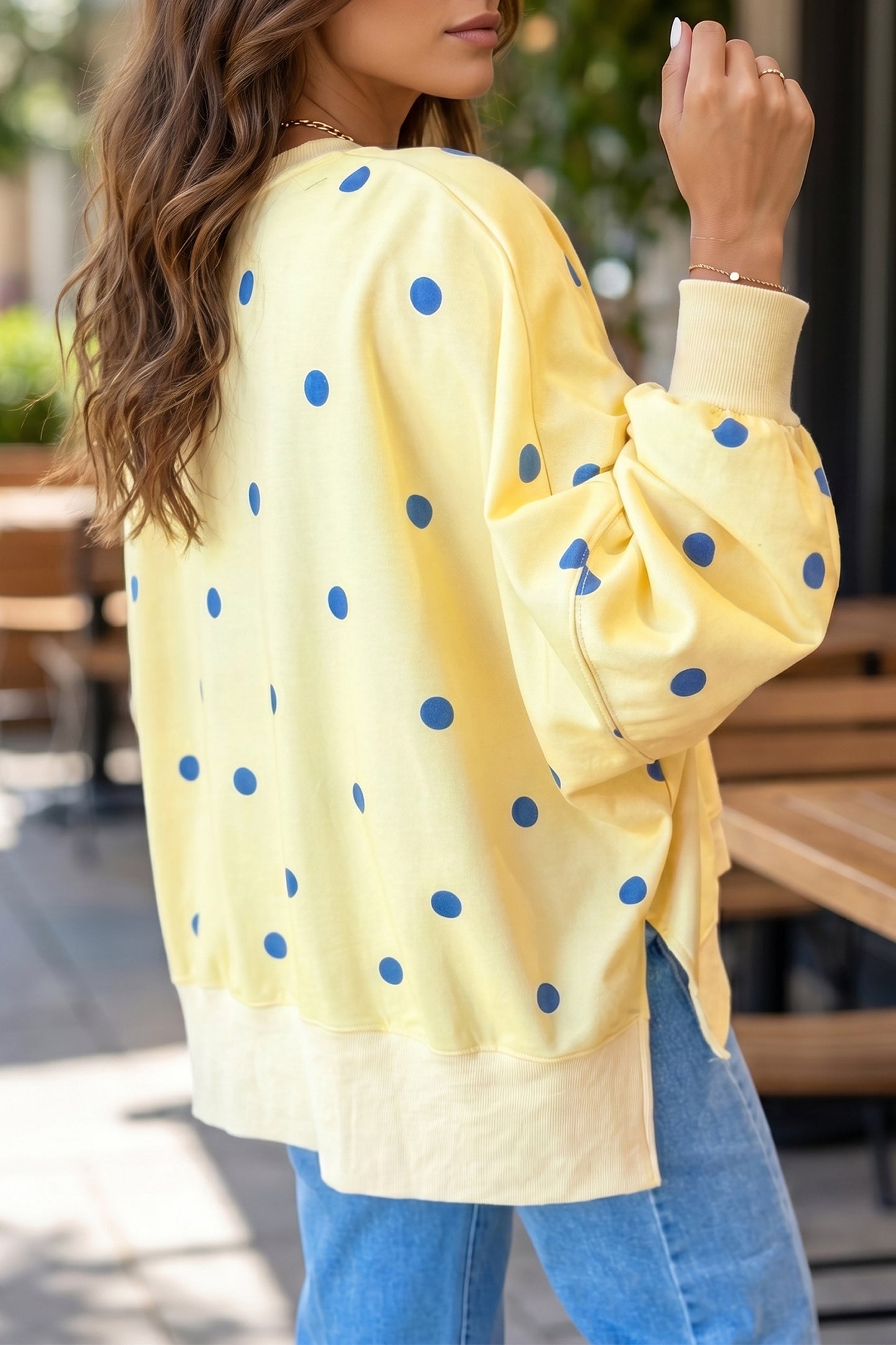 Beige Loose-fit Long Sleeve Round Neck Polka Dot Tunic Sweatshirt