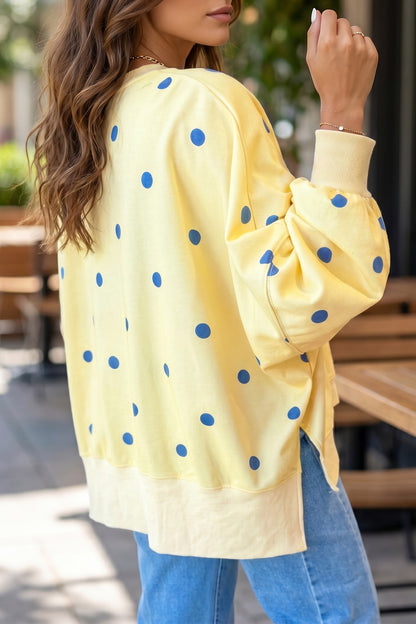 Beige Loose-fit Long Sleeve Round Neck Polka Dot Tunic Sweatshirt