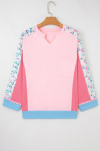 White Floral Colorblock Patchwork Chest Pocket Notched Neck Long Sleeve Top