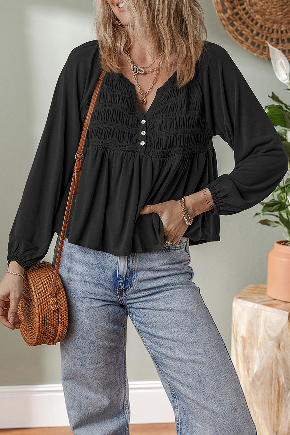 Black Smocked Bust Buttoned Split V Neck Flow Fit Blouse