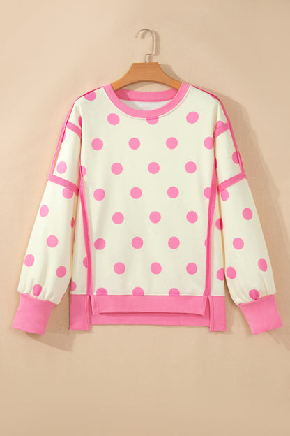 Yellow Polka Dot Contrast Patchwork Round Neck Baggy Sweatshirt