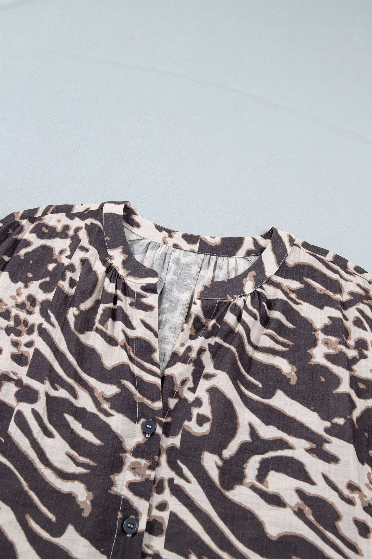 Parchment Leopard Print V Neck Button Down Balloon Sleeve Shirt