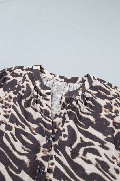 Parchment Leopard Print V Neck Button Down Balloon Sleeve Shirt