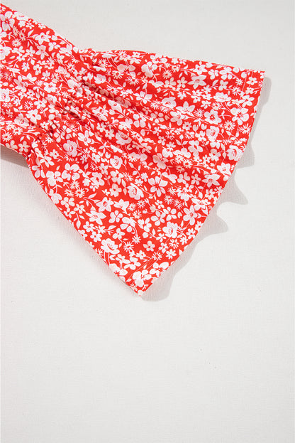 Chemisier rouge à fleurs grande taille, col en V, manches évasées et bracelet