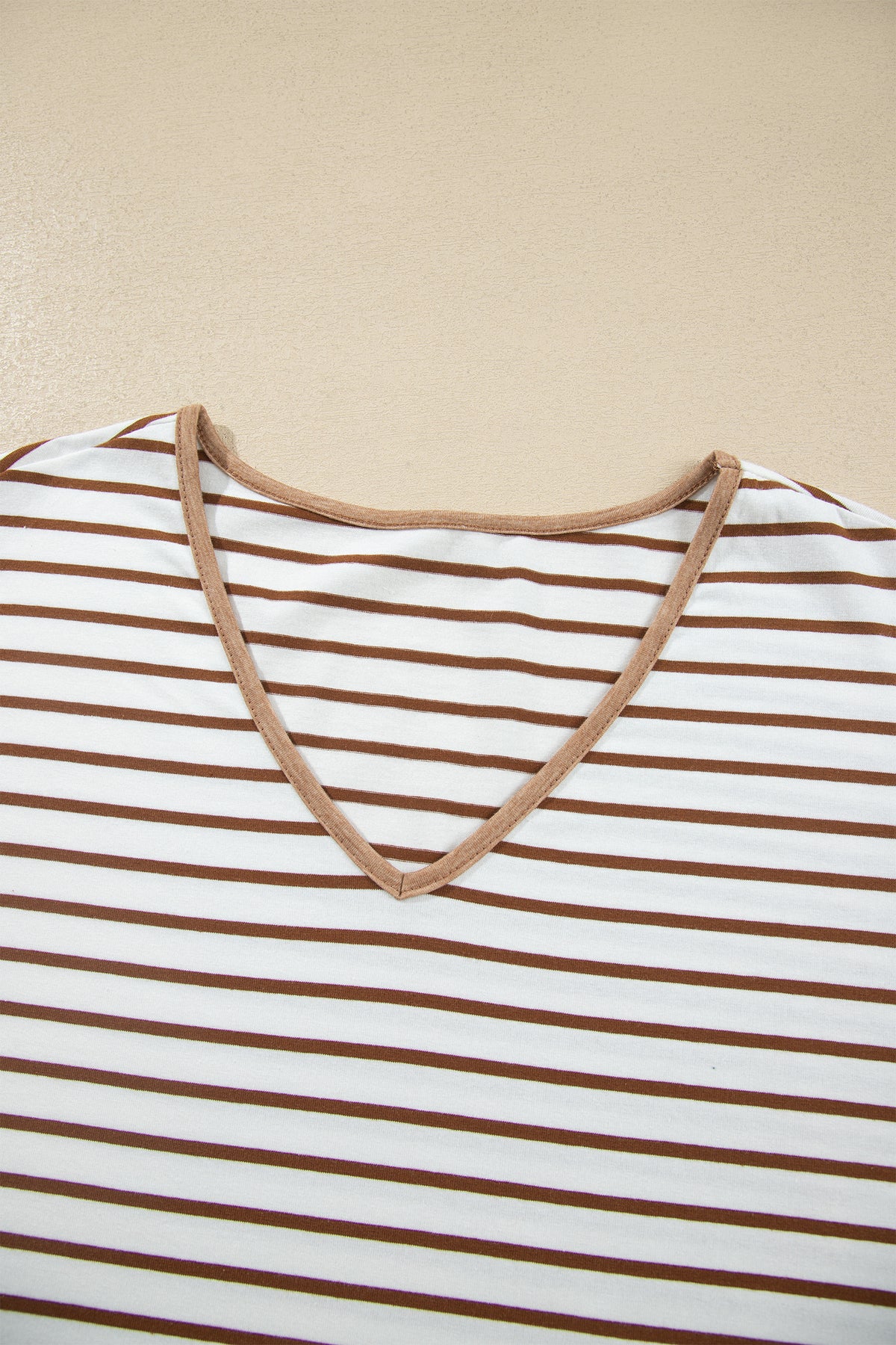 Khaki Stripe V Neck Ruffle Contrast Sleeve Top Drawstring Pants 2pcs Set