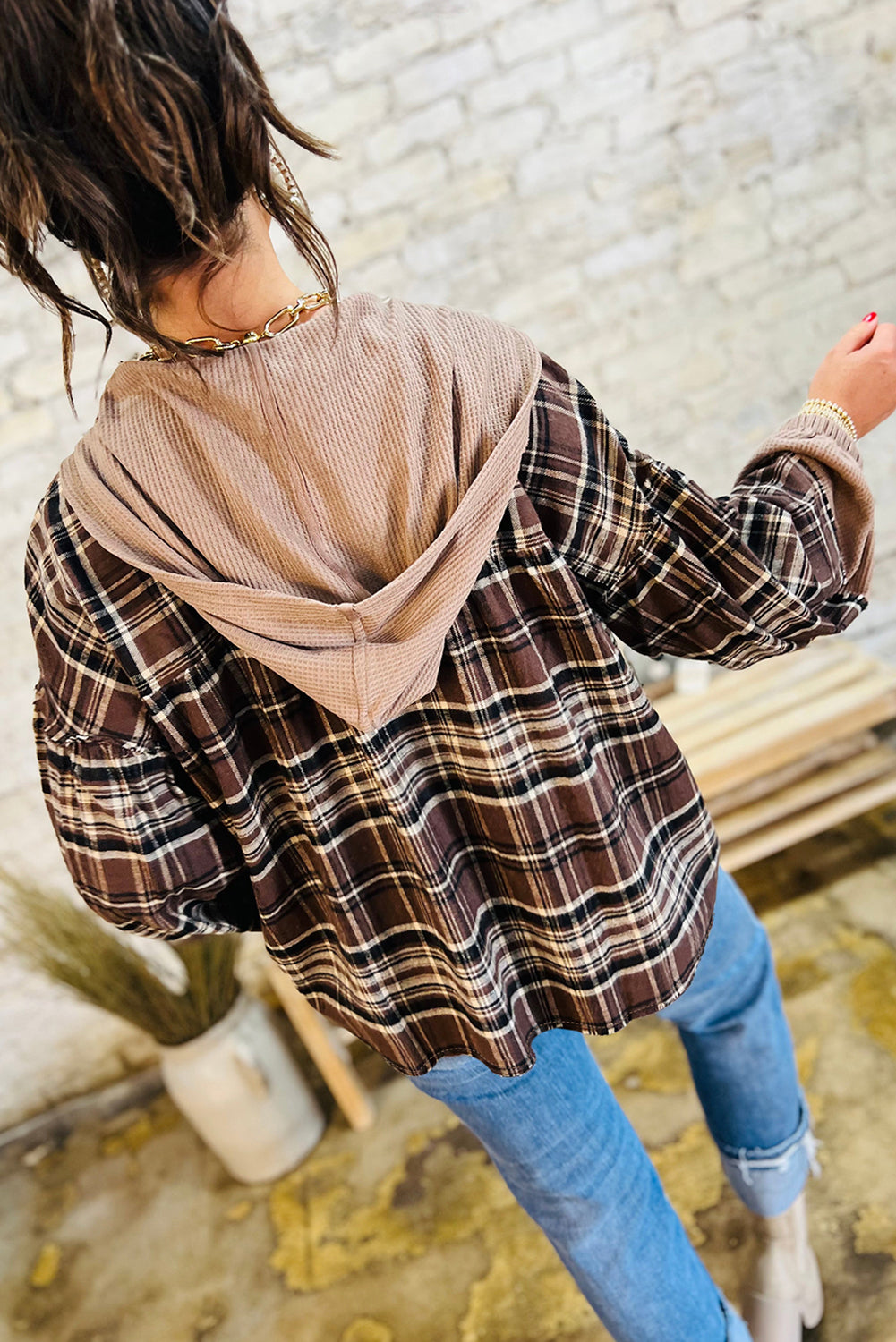 Brown Plaid Patchwork Long Sleeve Button Hooded Blouse