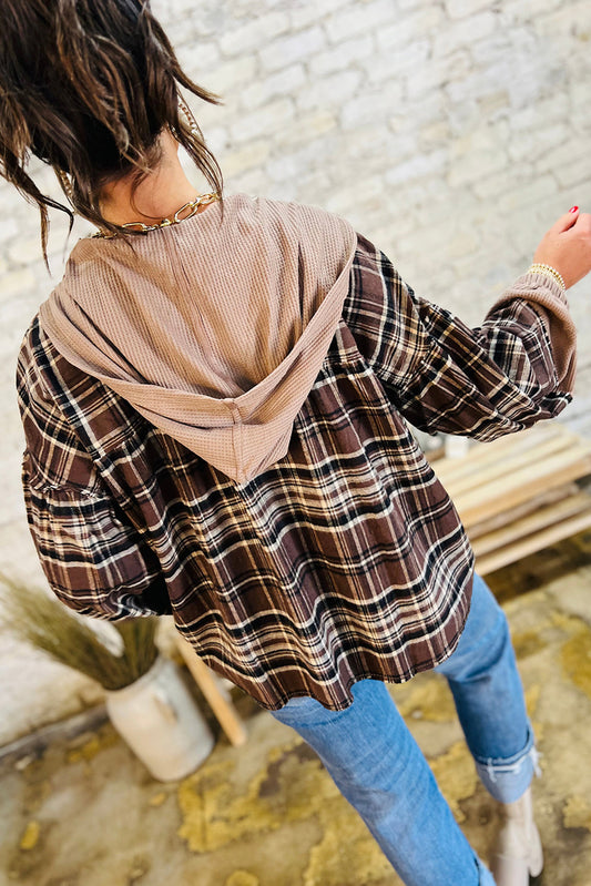 Brown Plaid Patchwork Long Sleeve Button Hooded Blouse