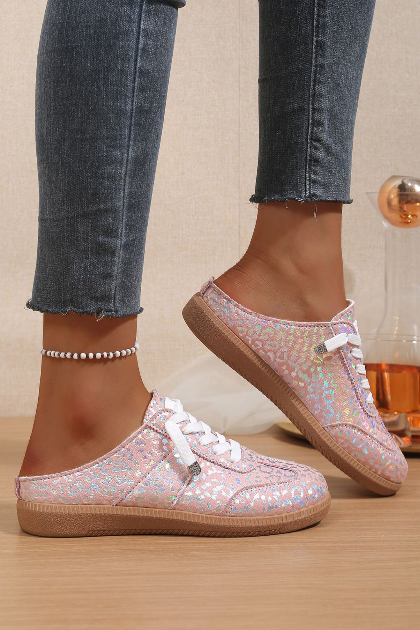 Pink Shiny Leopard Print Lace up Slip On Shoes