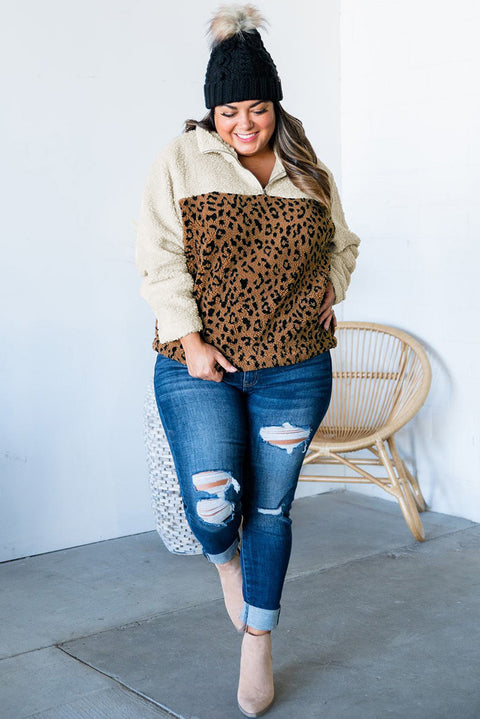 Plus Size Leopard Colorblock Zipped Sherpa Pullover