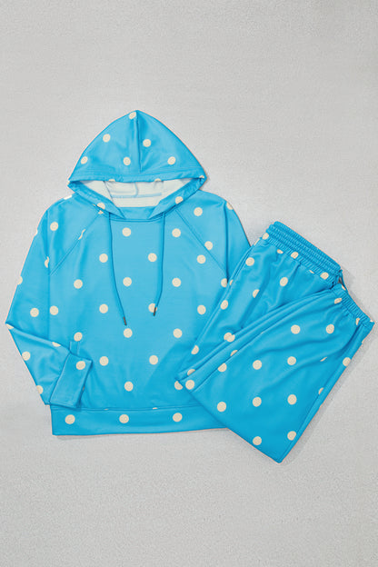 Blue Polka Dot Hooded Drawstring Long Sleeve Plus Size Set