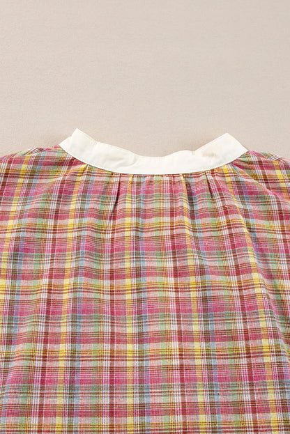 Chemisier Henley patchwork à carreaux colorblock rose