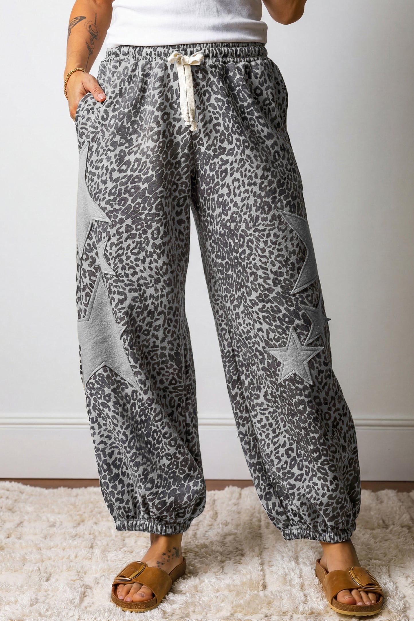 Khaki Leopard Print Star Patched Drawstring Elastic Waist Jogger Pants