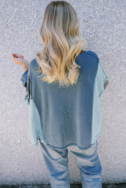 Haut boutonné à manches longues et patchwork de coutures colorblock bleu crépuscule