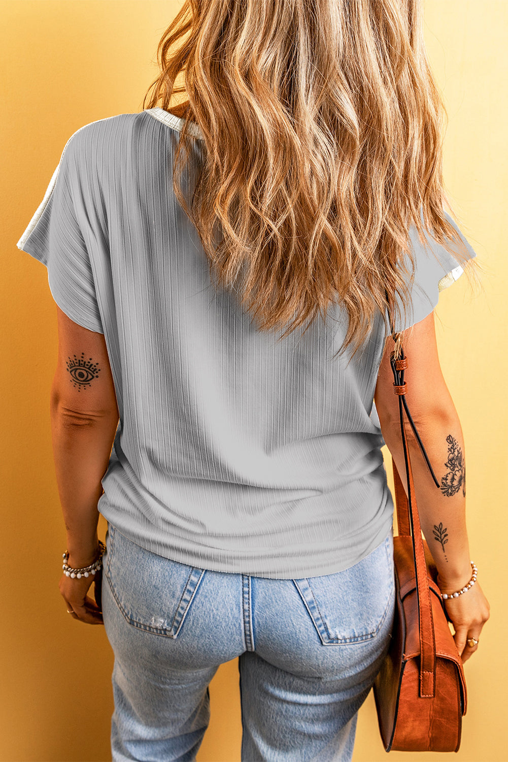 T-shirt patchwork gris côtelé à blocs de couleurs