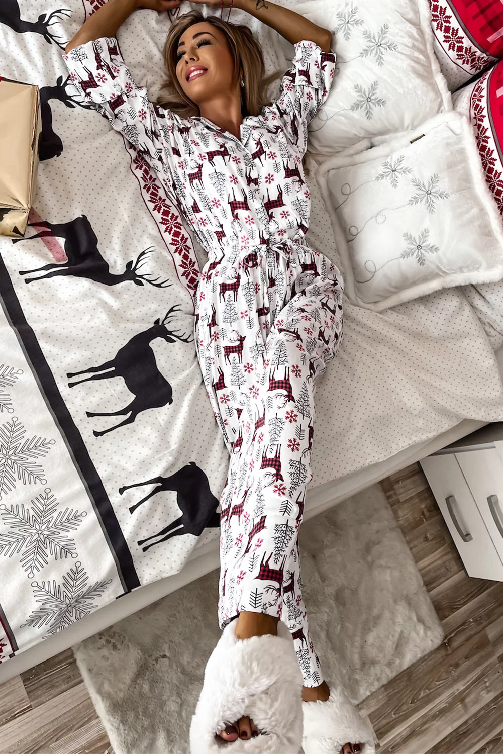 Ensemble pyjama blanc imprimé Noël avec chemise et pantalon