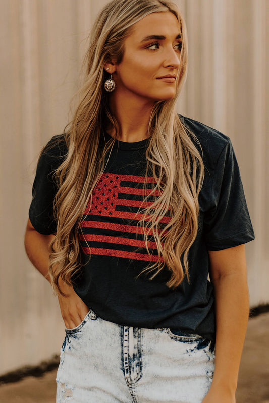 Black Glitter American Flag Round Neck Graphic T Shirt
