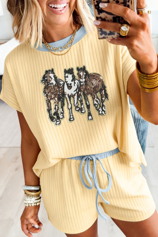 Yellow Cream Ribbed Knit Two Piece Set Sequin Horse Patched Casual Short Set