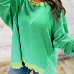 Bright Green Twisted Rib Uneven Hem Drop Shoulder Loose Knit Top