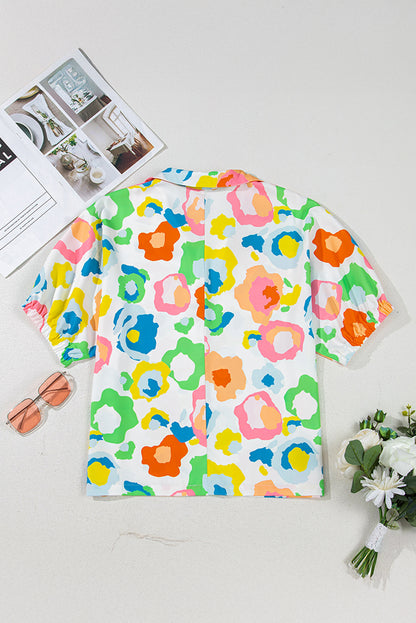 Green Chic Leopard Print Striped Detail Split Neck Blouse