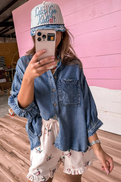 Dusk Blue Three Quarter Sleeve Button Front Loose Denim Shirt
