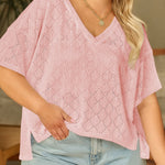 Light Pink Pointelle Rhombus Knit Plus Size V Neck Loose Top