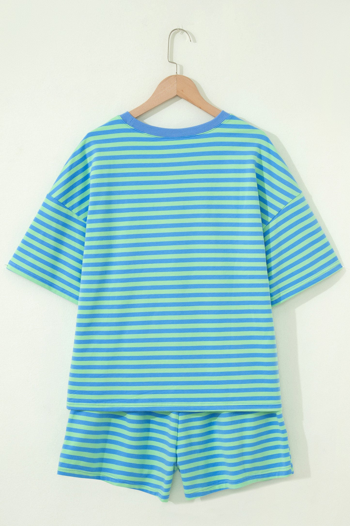 Green Stripe Striped Ribbed Cotton Two-Piece Pant Set with Chest Patch Detail