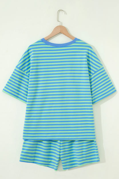 Green Stripe Striped Ribbed Cotton Two-Piece Pant Set with Chest Patch Detail