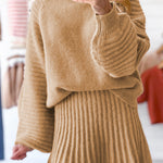Smoke Gray High Neck Puff Sleeve Sweater Pleated Mini Skirt 2pcs Knitted Outfit
