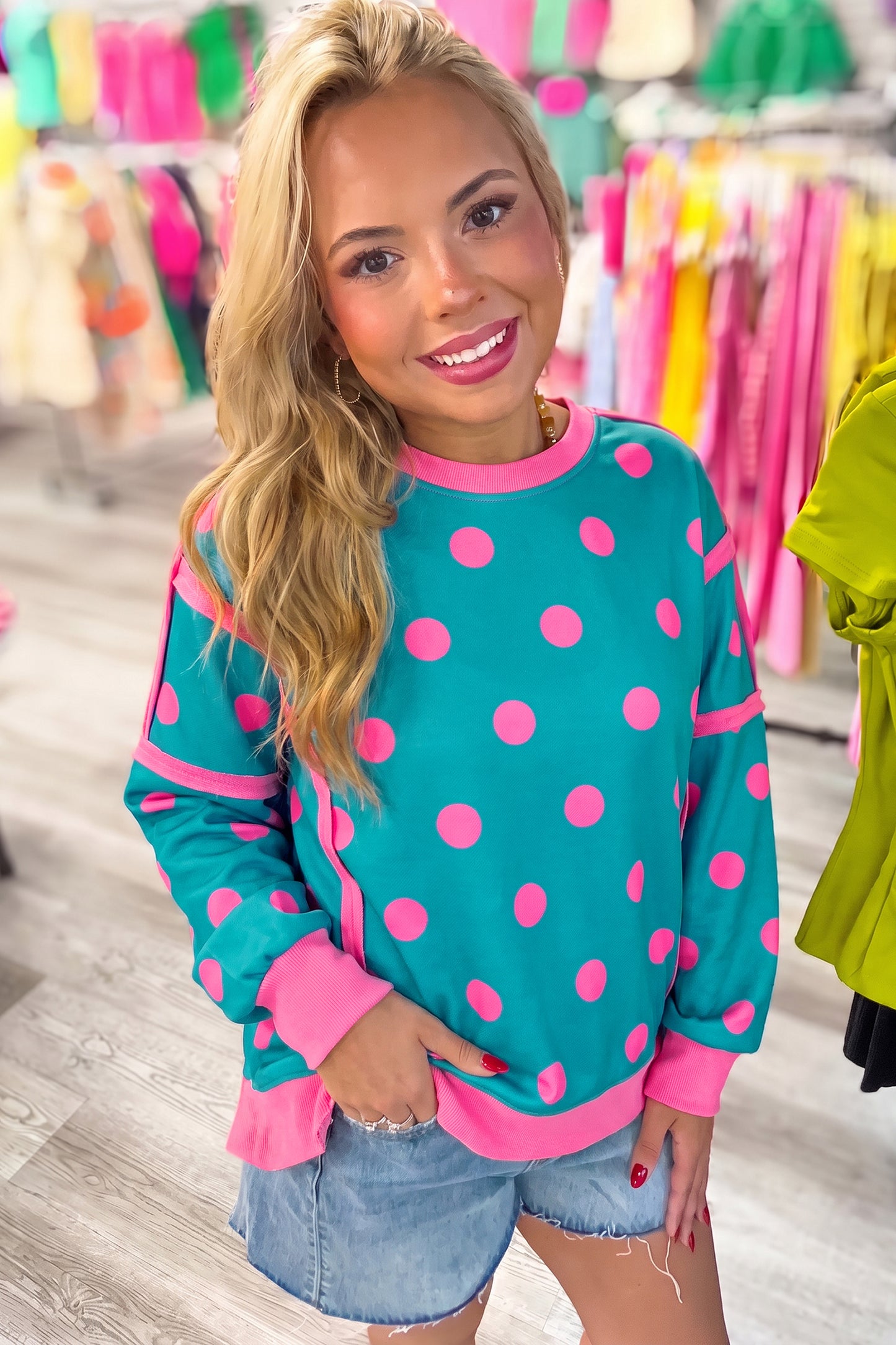 Blue Polka Dot Contrast Patchwork Round Neck Baggy Sweatshirt