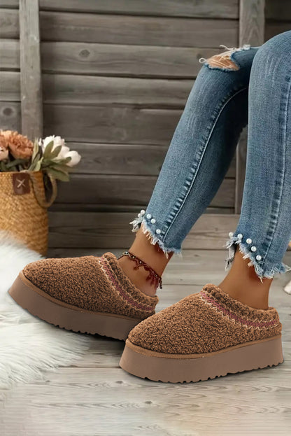 Chestnut Soft Plush Embroidered Detail Flat Platform Slippers