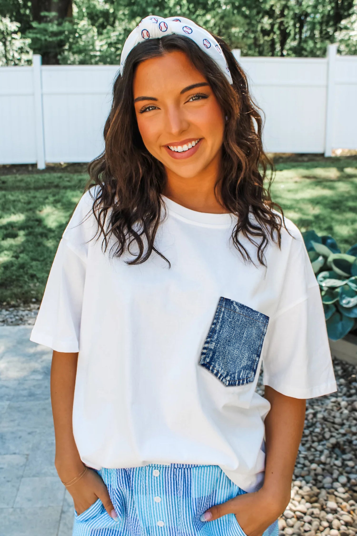 White Color Block Chest Pocket Patched Casual Short Sleeve Top