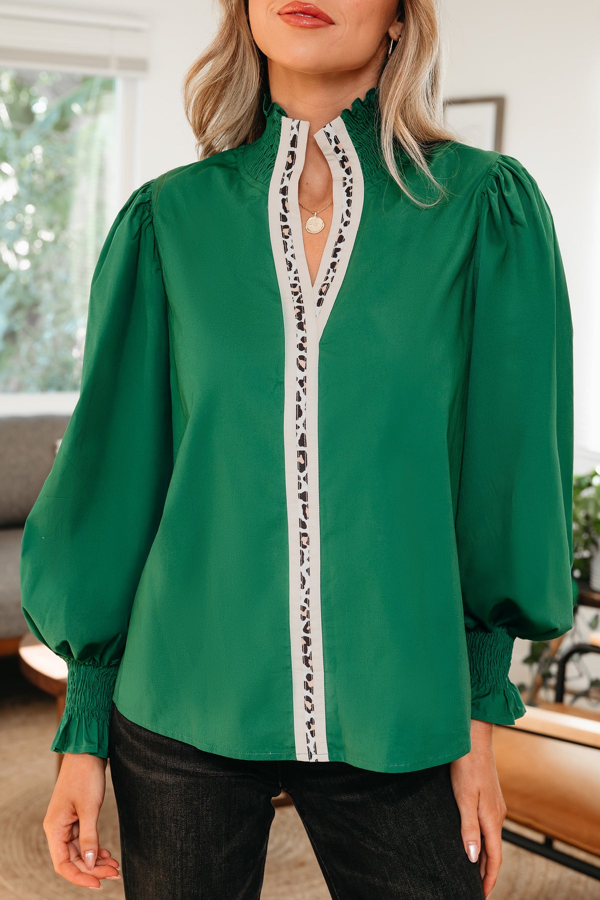Evergreen Puffy Flounce Sleeve Leopard Trim V Neck Blouse
